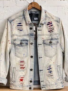 Denim City Men's Distressed Denim Jacket with Sequins&Paint Splatter NWT Medium
